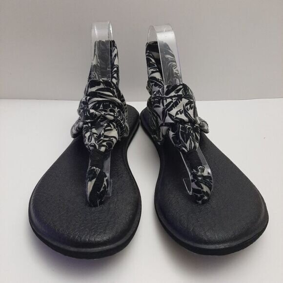 SANUK / Yoga Sling 2 Sandal Thong Black & White Tropical Print Sz 10 - Picture 4 of 14